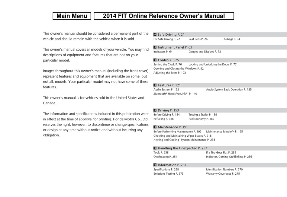 HONDA FIT 2014 ONLINE REFERENCE OWNER'S MANUAL Pdf Download | ManualsLib