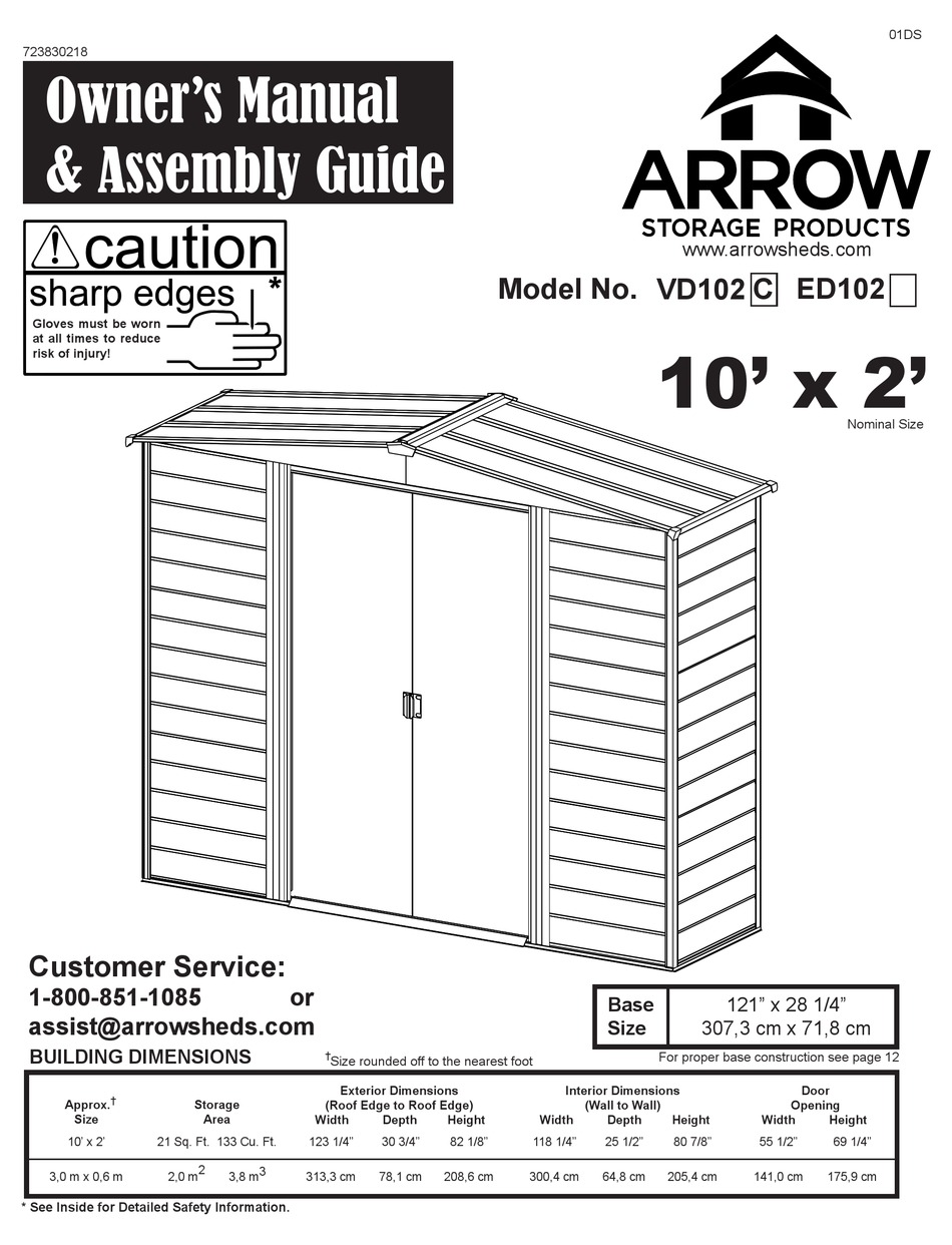 ARROW STORAGE PRODUCTS VD102C OWNER'S MANUAL & ASSEMBLY MANUAL Pdf