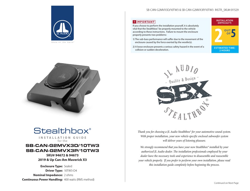Jl Audio Stealthbox Sb Can G2mvx3d 10tw3 Installation Manual Pdf Download Manualslib