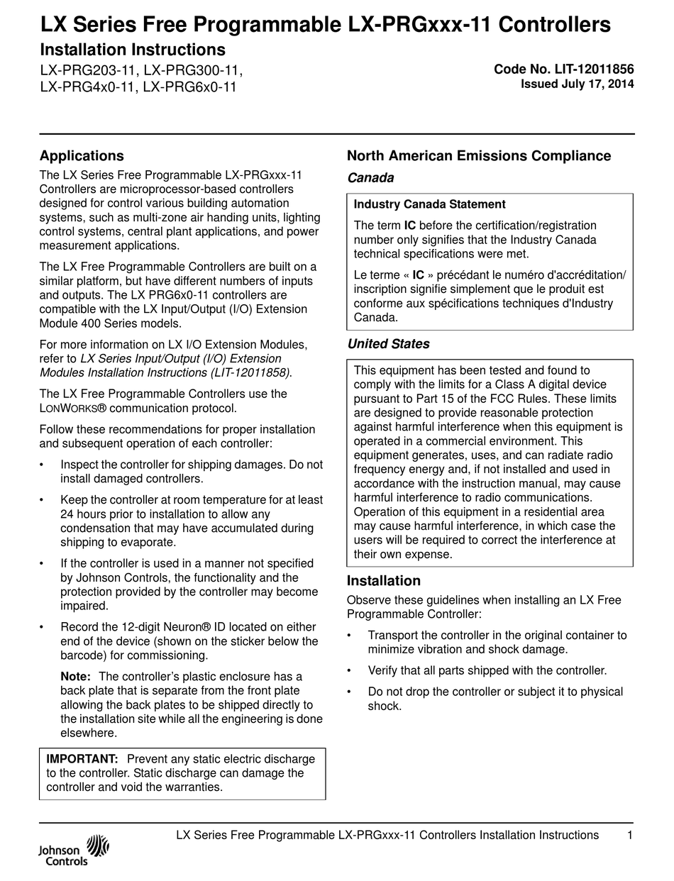 JOHNSON CONTROLS LX SERIES INSTALLATION INSTRUCTIONS MANUAL Pdf Download ManualsLib