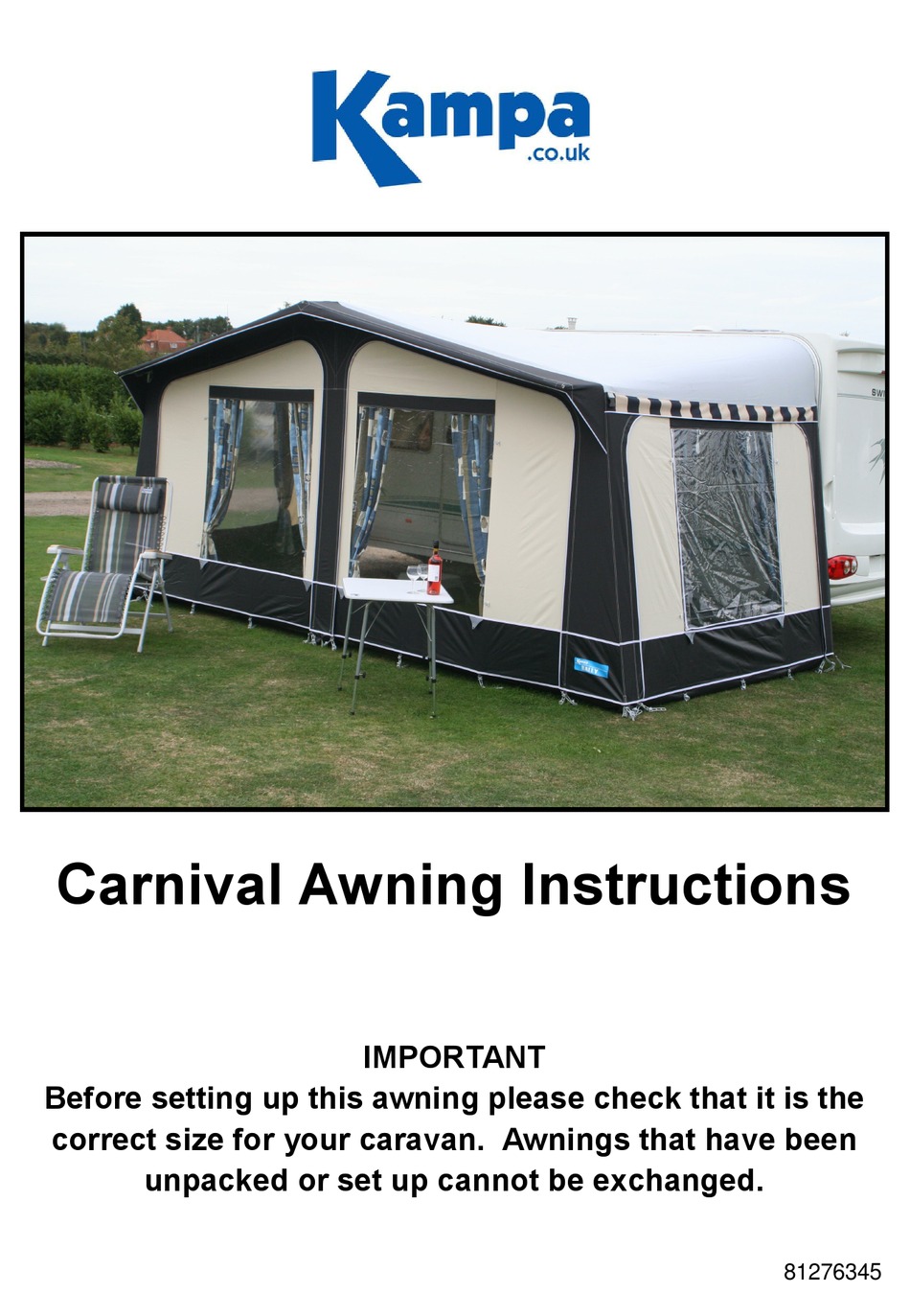 FRAME ONLY Kampa carnival ALUMINIUM caravan awning frame