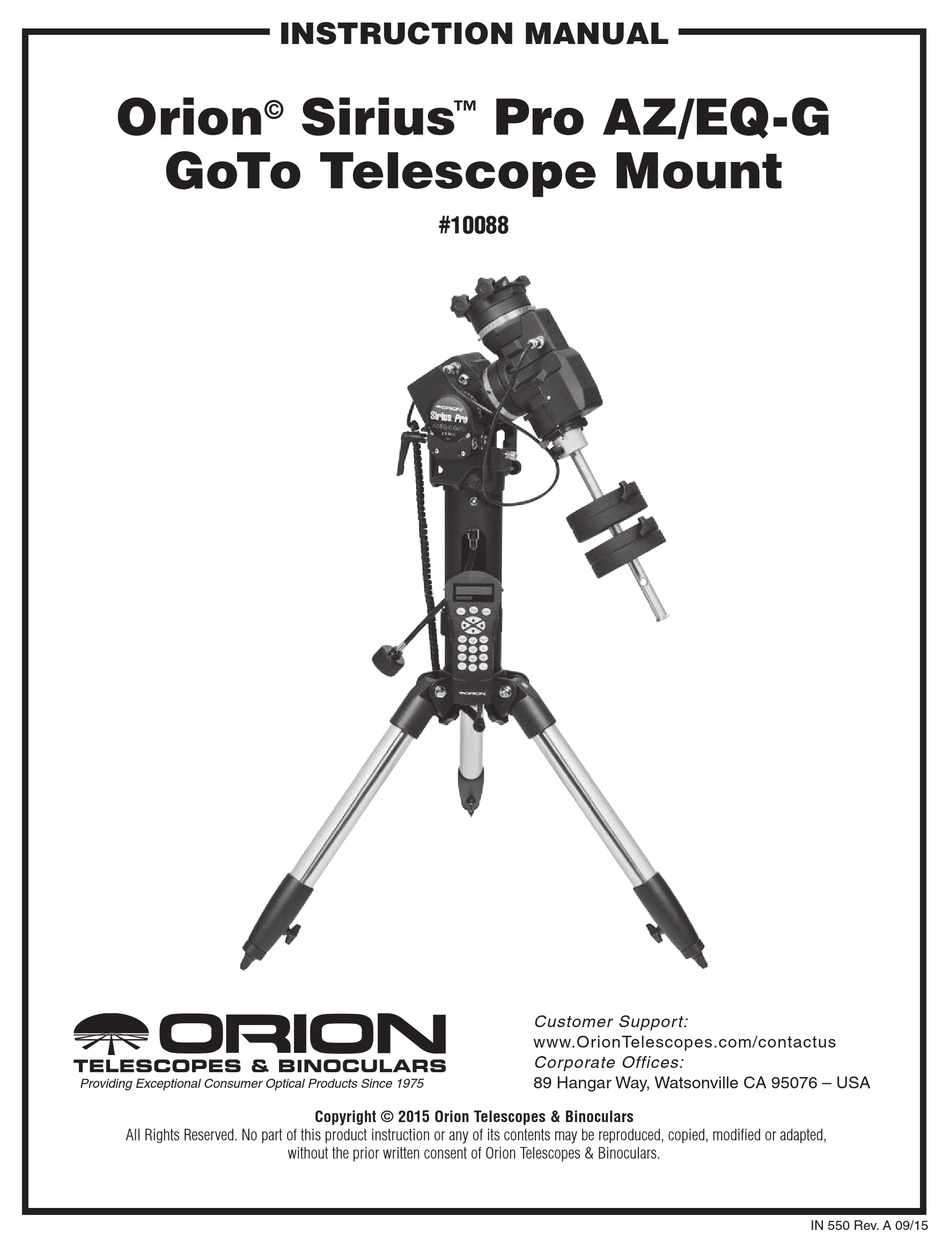 Orion Sirius Pro Az Eq G Instruction Manual Pdf Download Manualslib