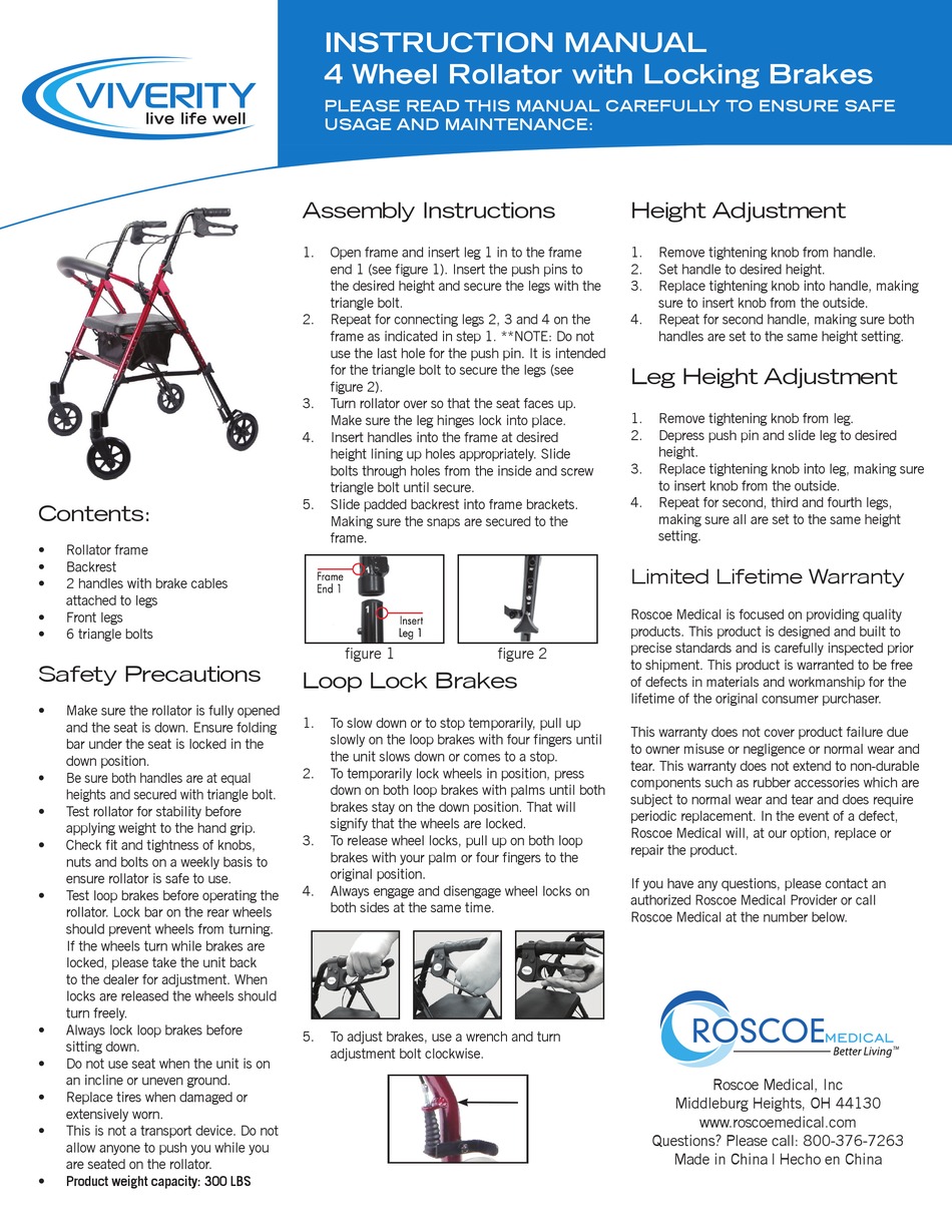 VIVERITY 4 WHEEL ROLLATOR INSTRUCTION MANUAL Pdf Download ManualsLib