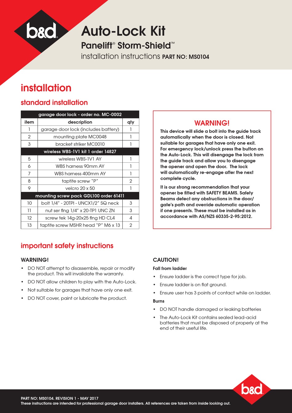 B&D PANELIFT STORM-SHIELD INSTALLATION INSTRUCTIONS Pdf Download ...