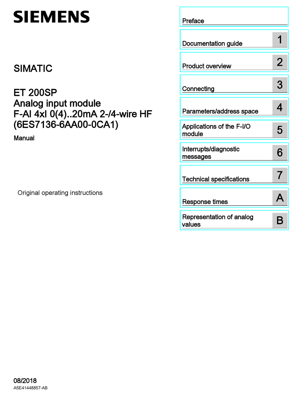 SIEMENS SIMATIC ET 200SP F-AI 4XI 0(4) 20MA 2-/4-WIRE HF SERIES MANUAL
