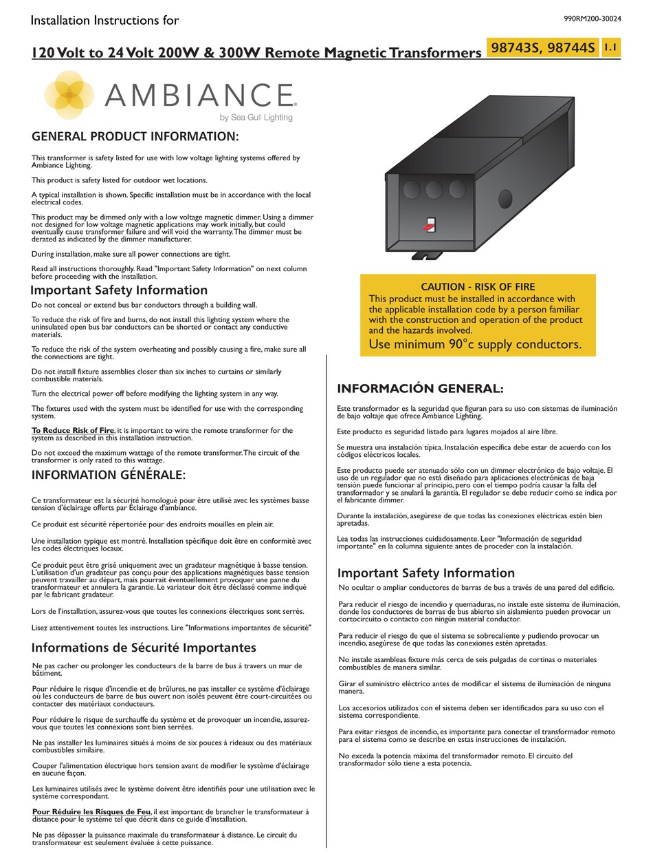 SEA GULL LIGHTING AMBIANCE 98743S INSTALLATION INSTRUCTIONS MANUAL Pdf