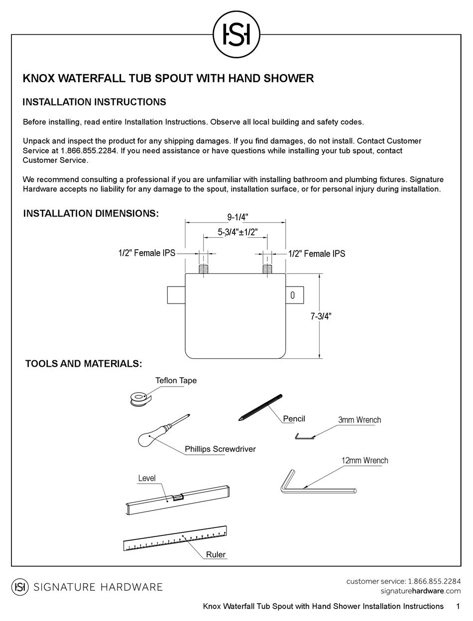 SIGNATURE HARDWARE KNOX WATERFALL TUB SPOUT WITH HAND SHOWER
