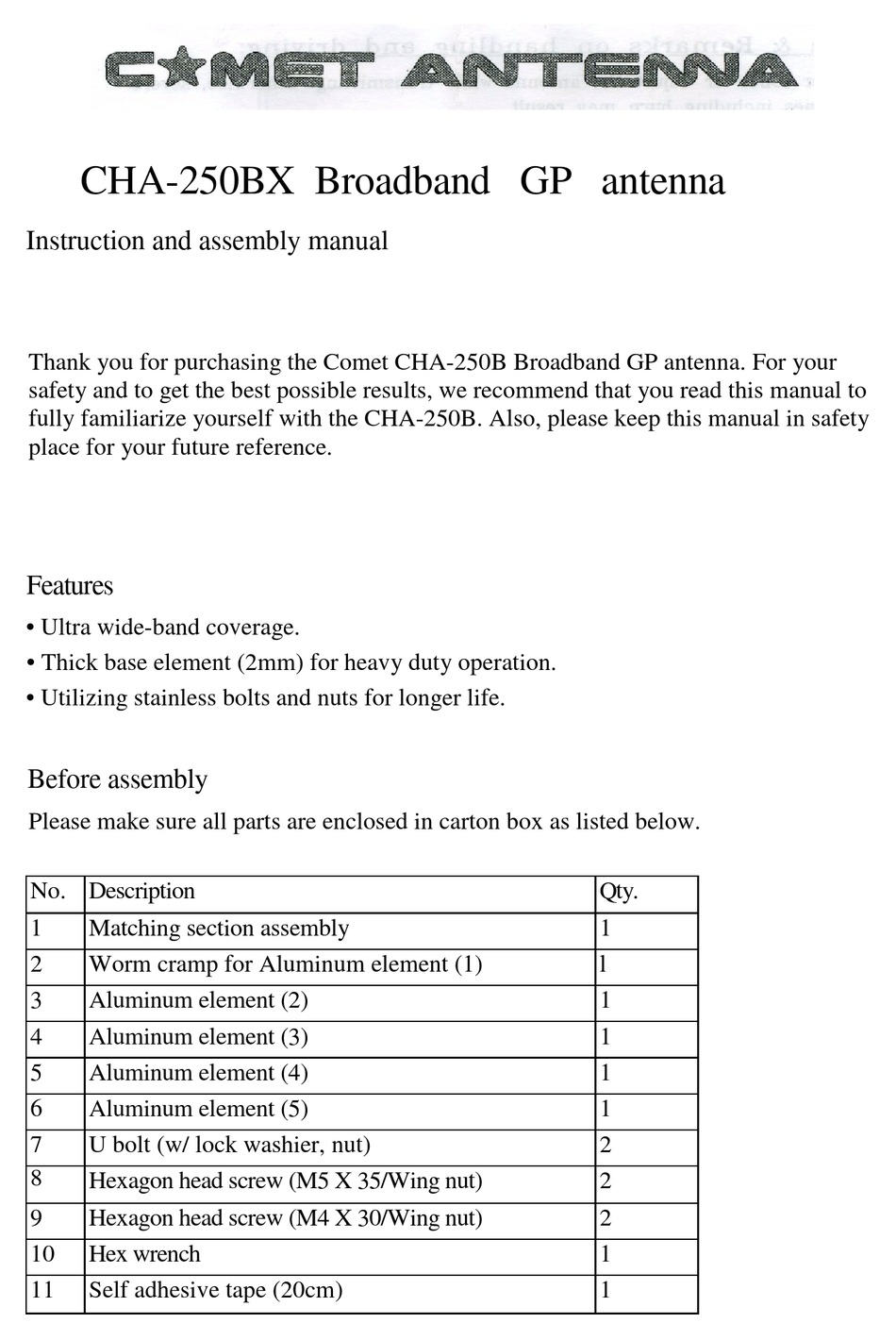 COMET CHA-250BX INSTRUCTION AND ASSEMBLY MANUAL Pdf Download | ManualsLib