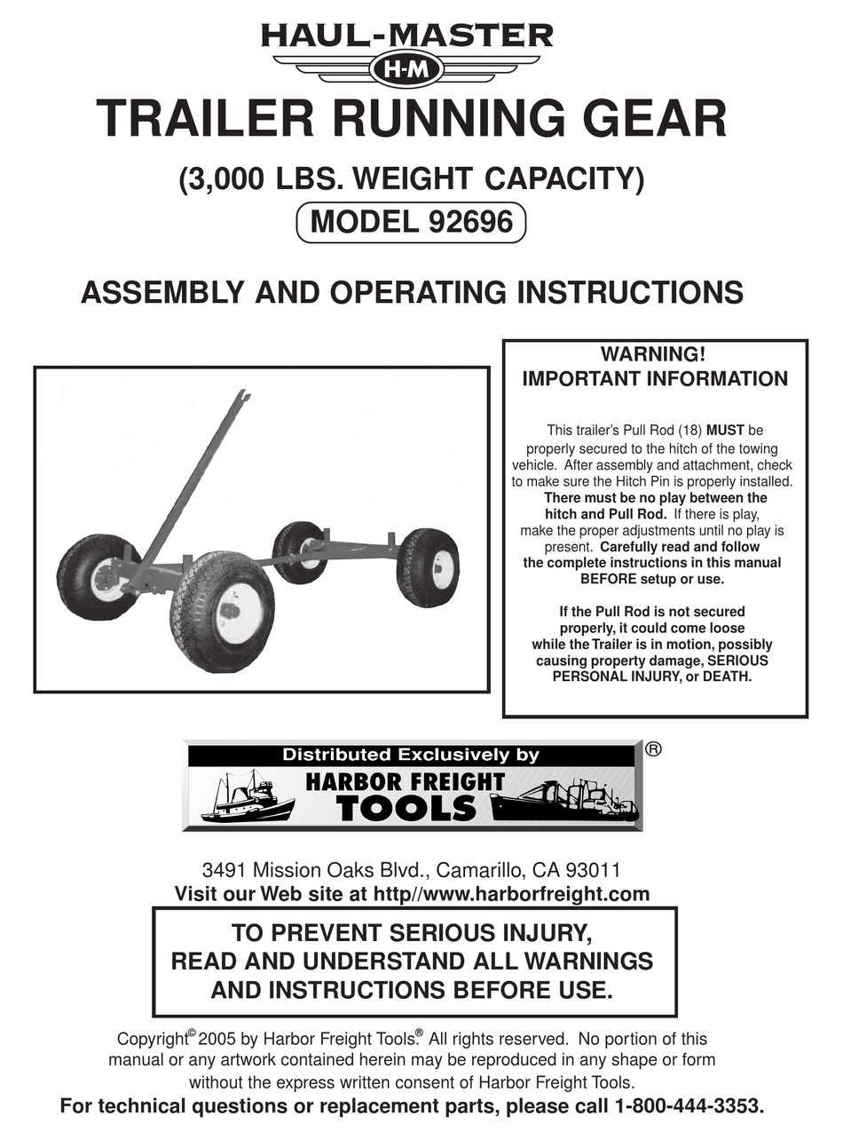 HARBOR FREIGHT TOOLS HAULMASTER 92696 ASSEMBLY AND OPERATING