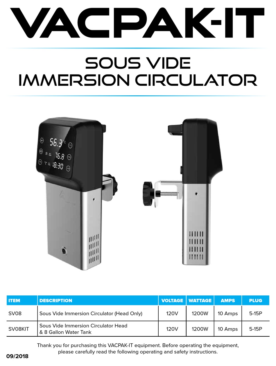 VacPak-It SV08 Commercial Sous Vide Immersion Circulator Head with 5 Gallon  Water Tank - 120V, 1200W