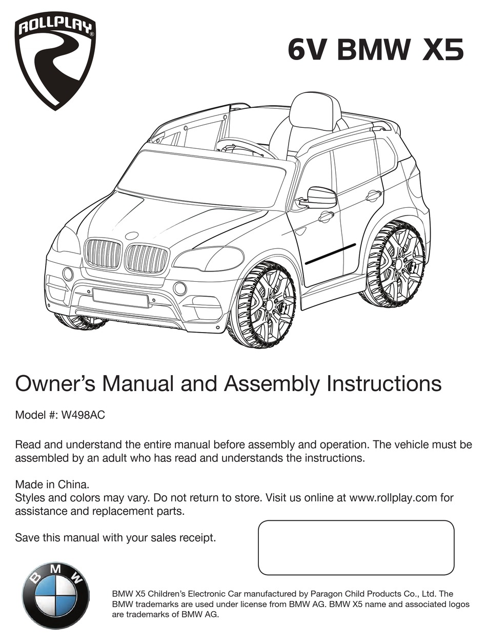 ROLLPLAY 6V BMW X5 OWNER'S MANUAL AND ASSEMBLY INSTRUCTIONS Pdf