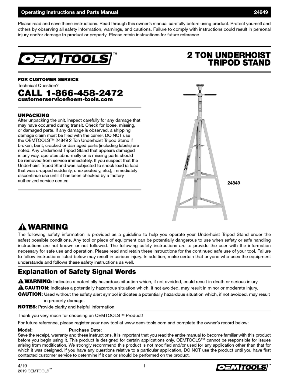 OEM TOOLS 24849 OPERATING INSTRUCTIONS AND PARTS MANUAL Pdf Download