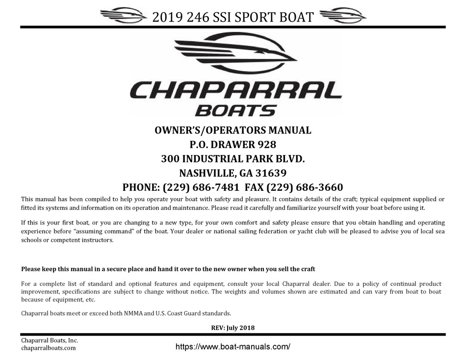 CHAPARRAL 246 SSI 2019 OWNER'S/OPERATOR'S MANUAL Pdf Download