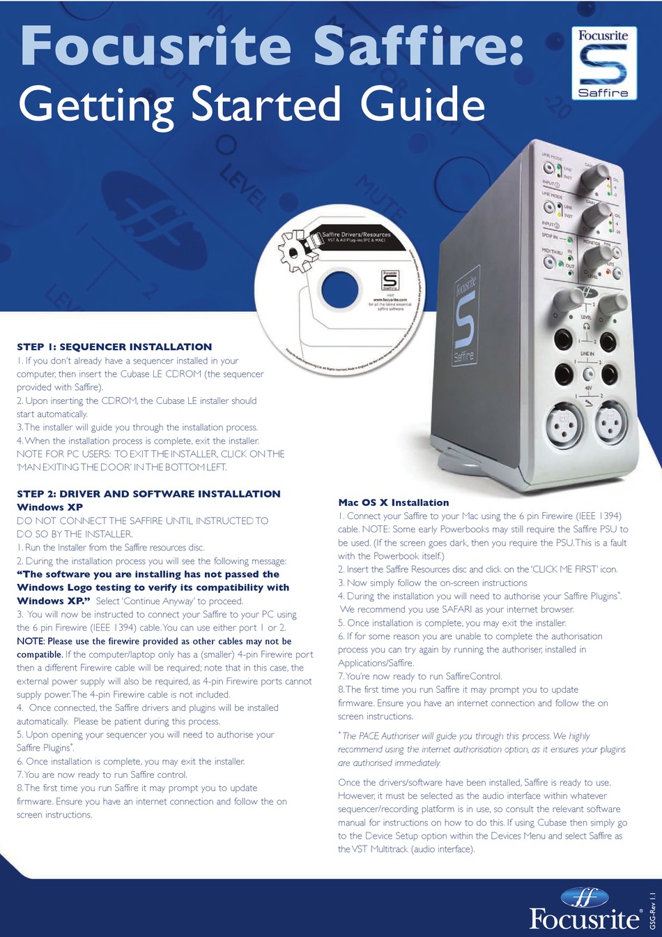 FOCUSRITE SAFFIRE GETTING STARTED MANUAL Pdf Download ManualsLib