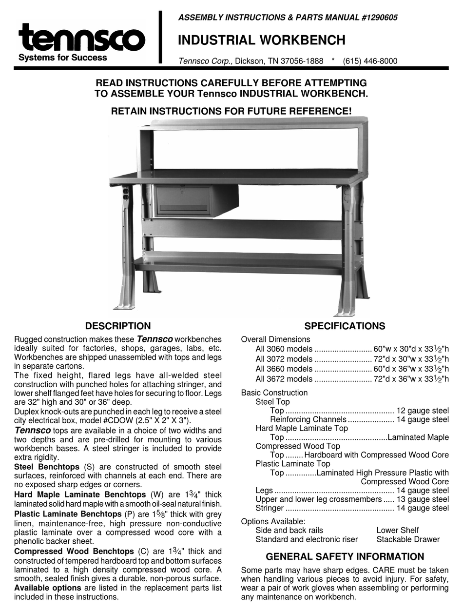 TENNSCO WB 3072 SERIES ASSEMBLY INSTRUCTIONS/PARTS MANUAL Pdf Download