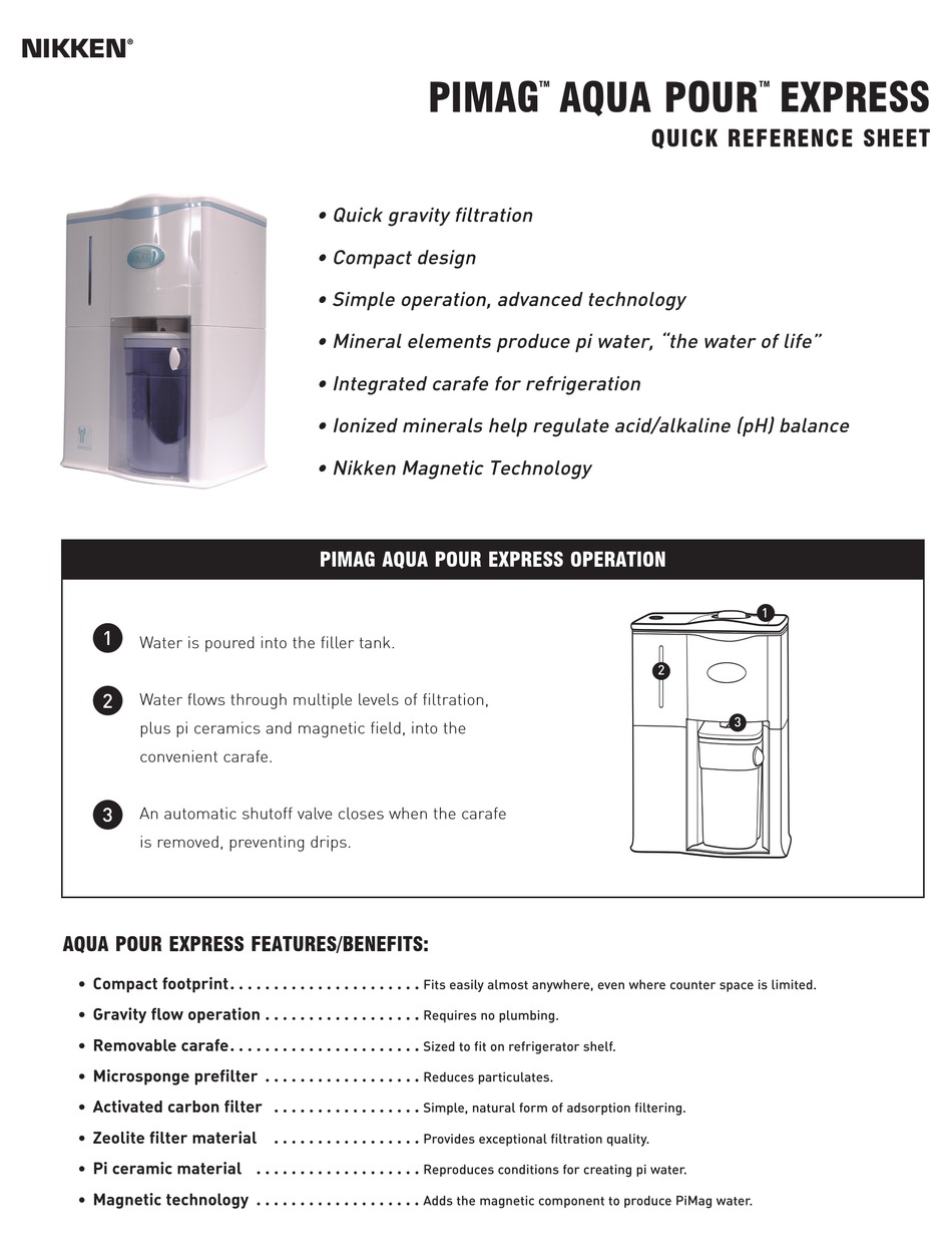 Nikken Pimag Aqua Pour Express Quick Reference Sheet Pdf Download Manualslib