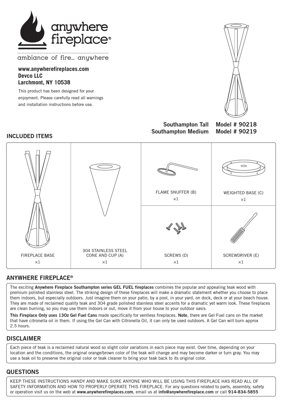ANYWHERE FIREPLACE SOUTHAMPTON TALL 90218 INSTALLATION INSTRUCTIONS Pdf