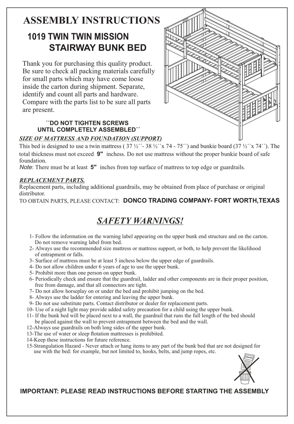 Donco 1019 Assembly Instructions Manual, Donco Bunk Bed Replacement Parts