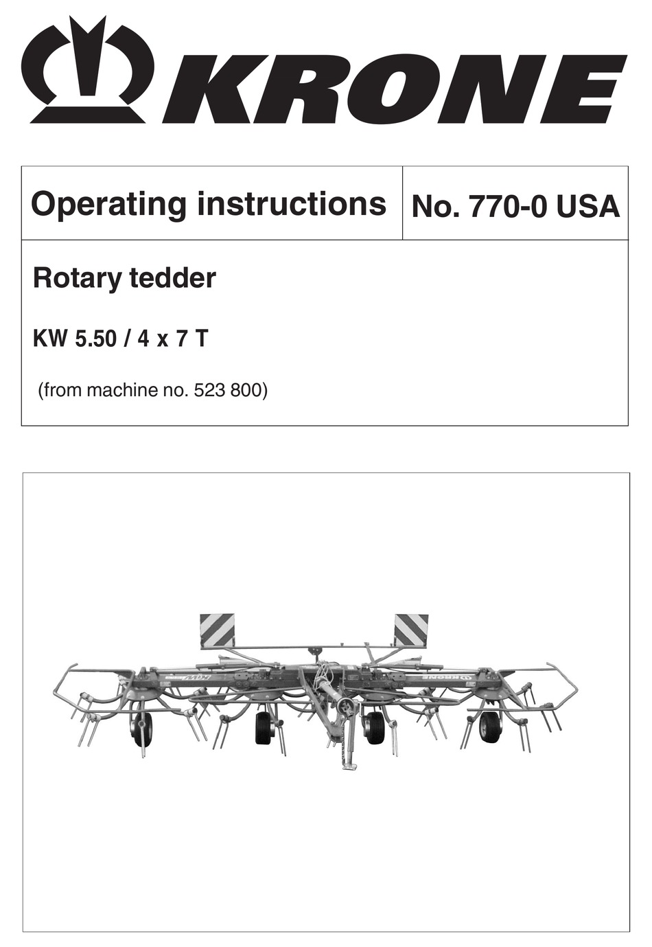 Krone Rotary Tedder KW 5.52 T /& 7.82 T Serial No 925 200 Operating Manual 5//2016