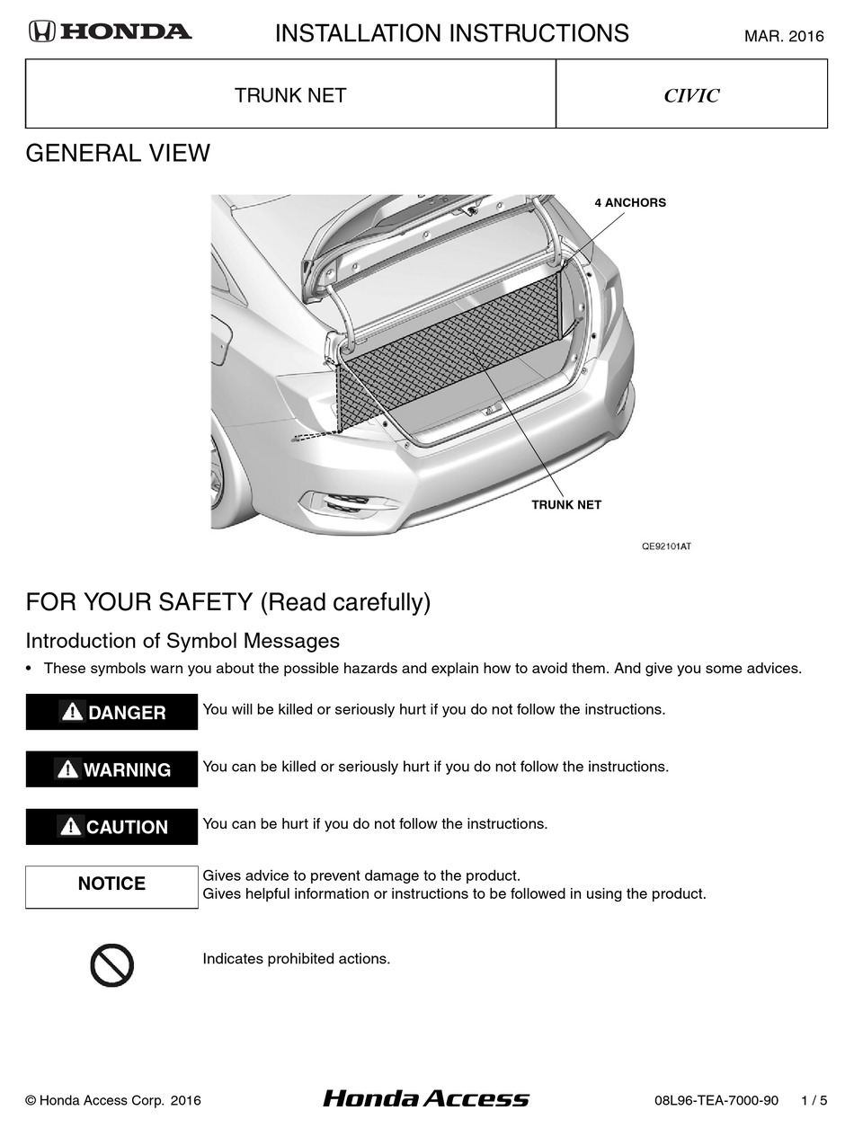 HONDA TRUNK NET INSTALLATION INSTRUCTIONS Pdf Download ManualsLib