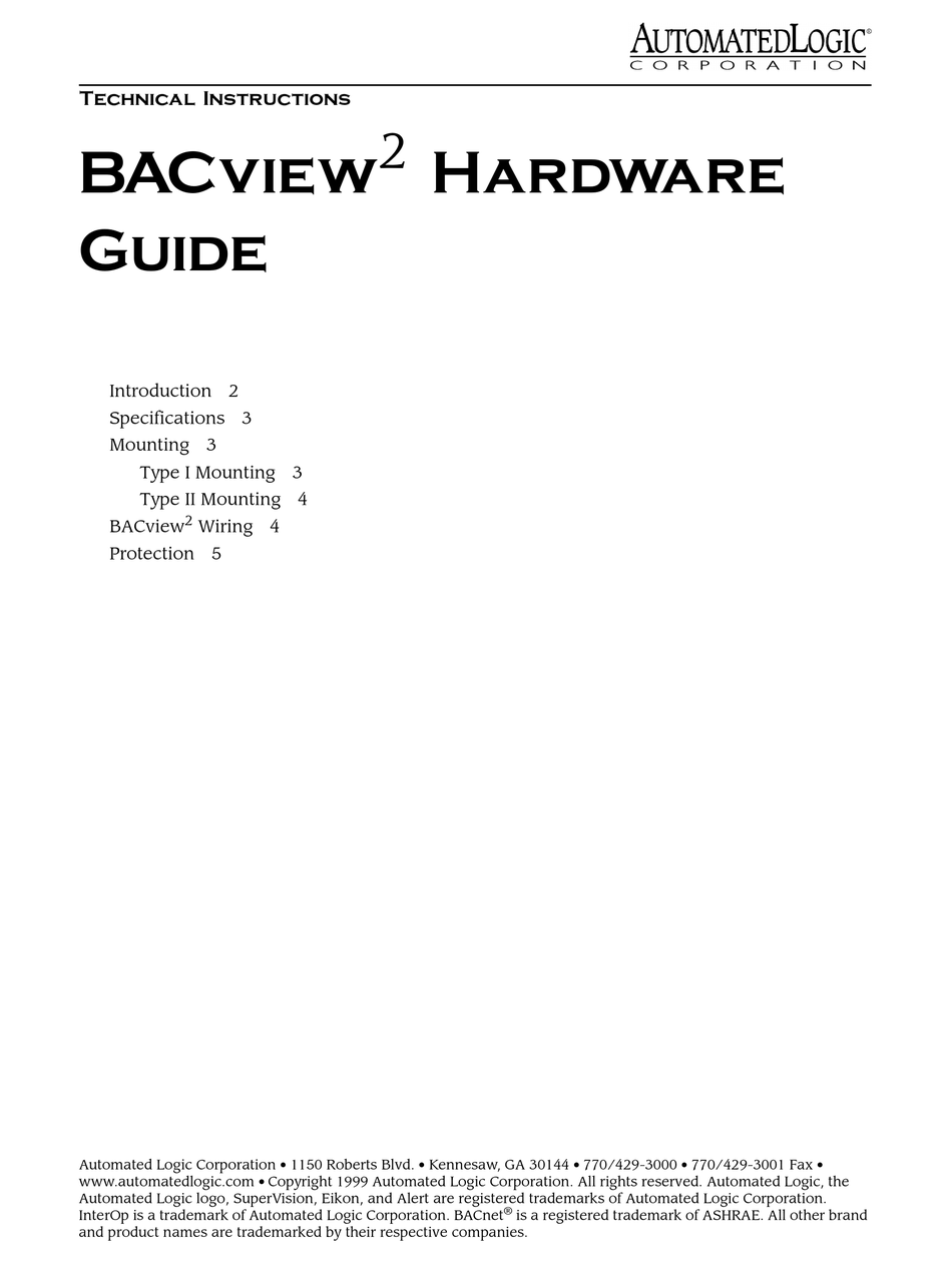 AUTOMATED LOGIC BACVIEW2 HARDWARE MANUAL Pdf Download ManualsLib