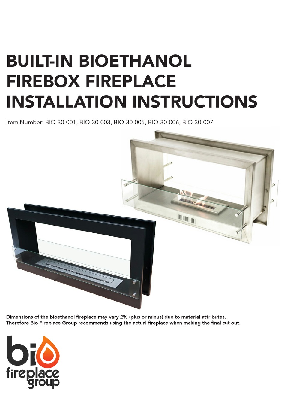 BIO FIREPLACE GROUP BIO30001 INSTALLATION INSTRUCTIONS Pdf Download