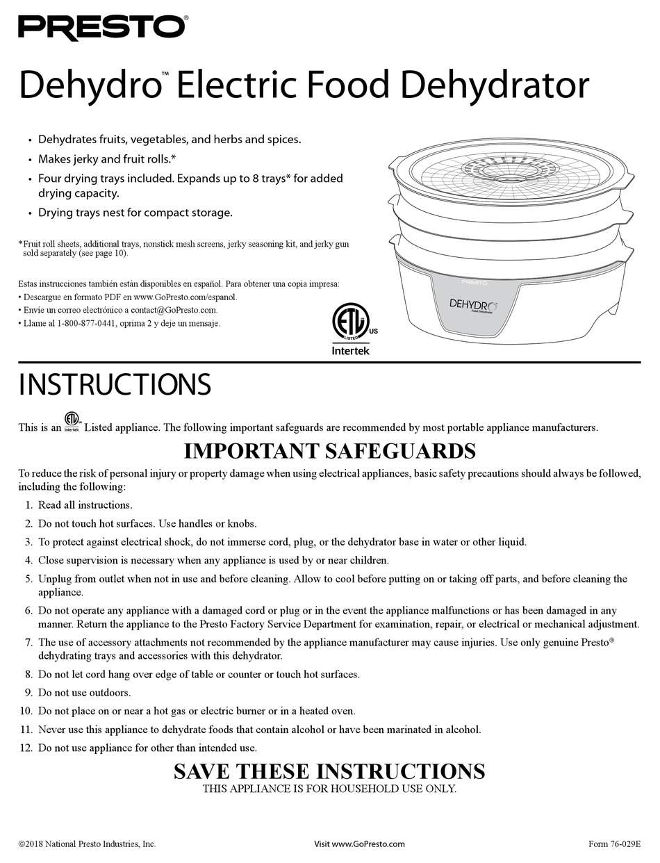 PRESTO DEHYDRO INSTRUCTIONS MANUAL Pdf Download ManualsLib