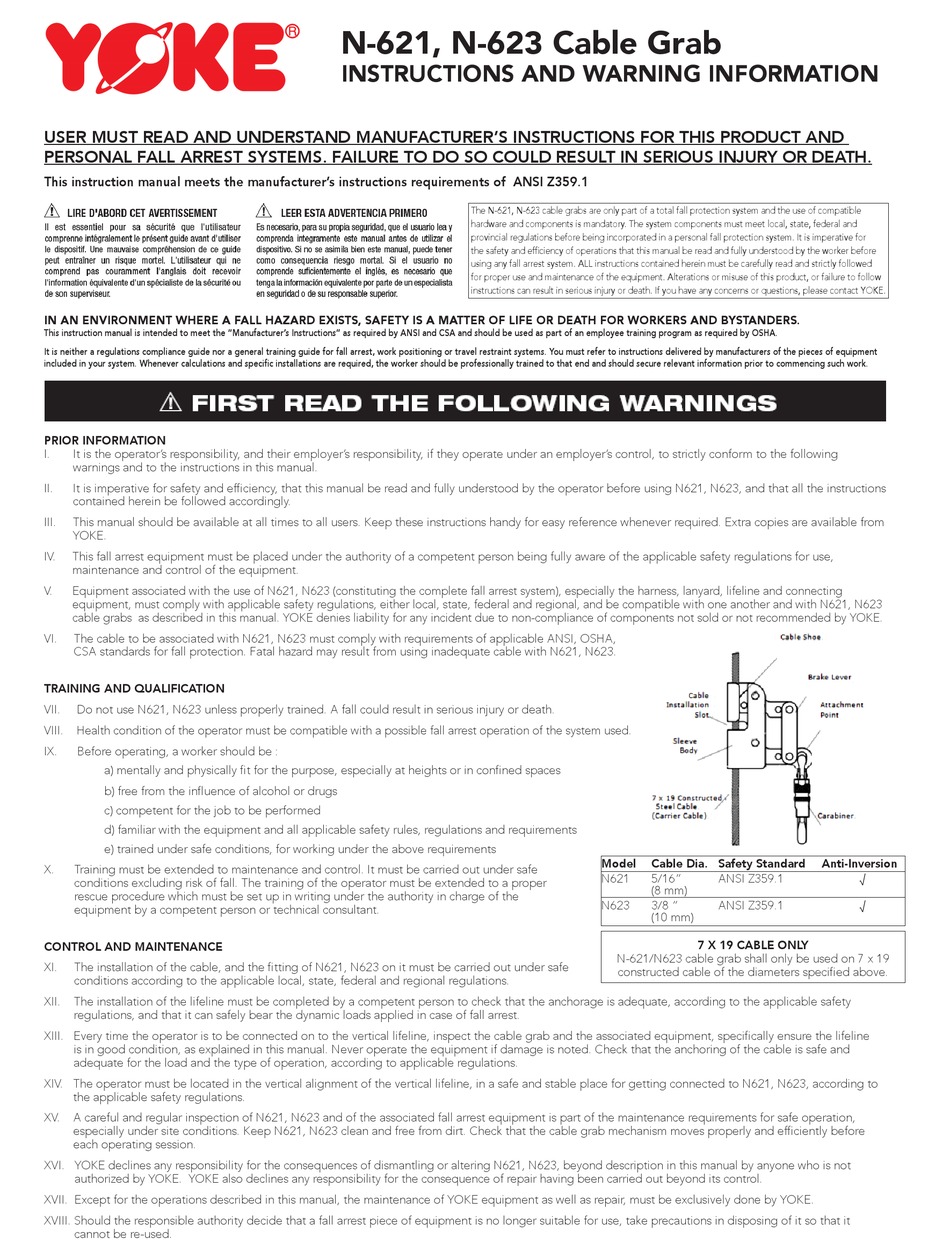 YOKE N-621 INSTRUCTIONS AND WARNING INFORMATION Pdf Download | ManualsLib