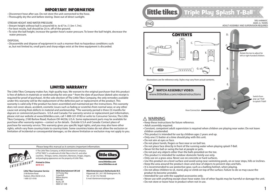 LITTLE TIKES TRIPLE PLAY SPLASH TBALL QUICK START MANUAL Pdf Download ManualsLib