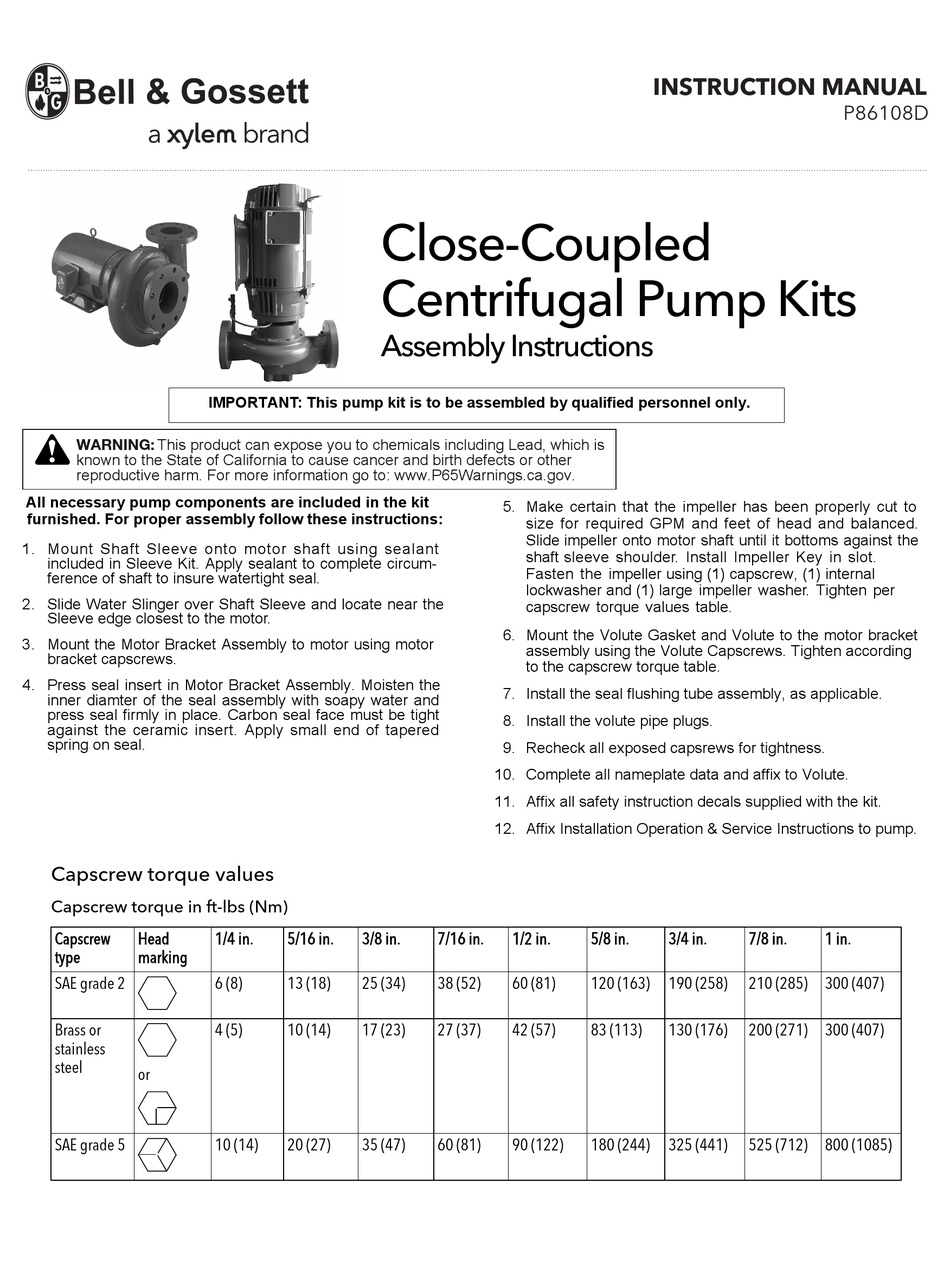 XYLEM BELL & GOSSETT P86108D ASSEMBLY INSTRUCTIONS Pdf Download ...