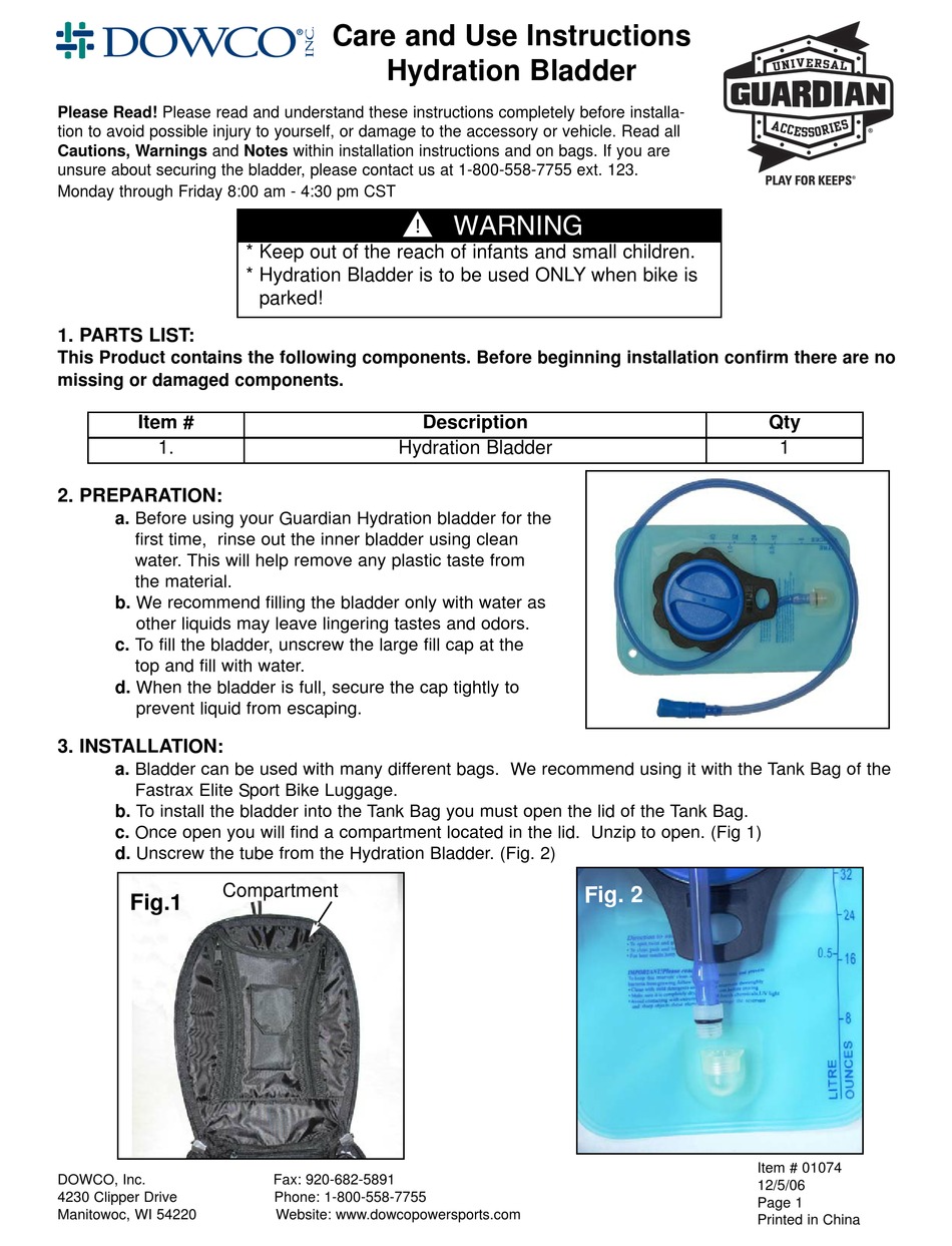 DOWCO HYDRATION BLADDER CARE AND USE INSTRUCTIONS Pdf Download ManualsLib