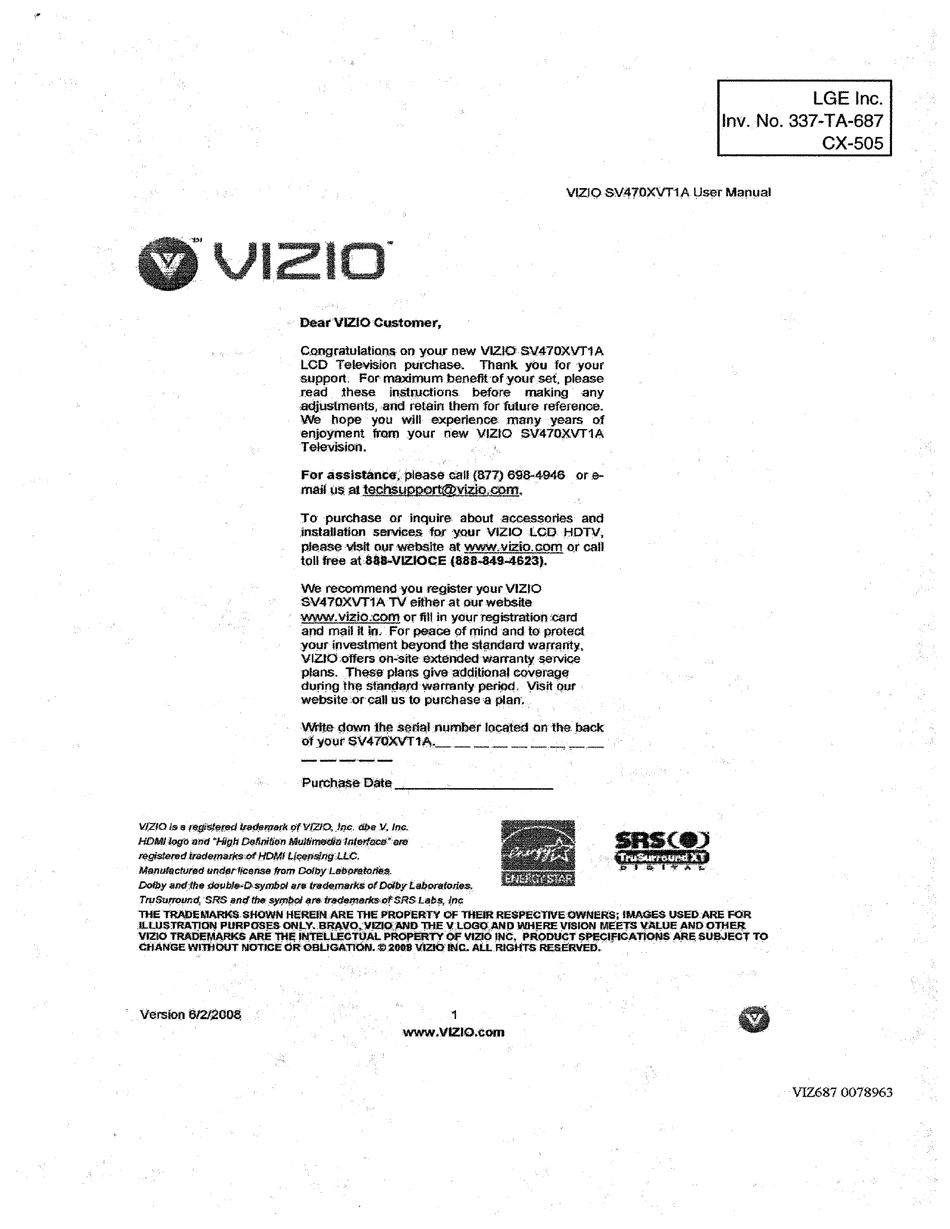 VIZIO SV470XVT1A USER MANUAL Pdf Download | ManualsLib