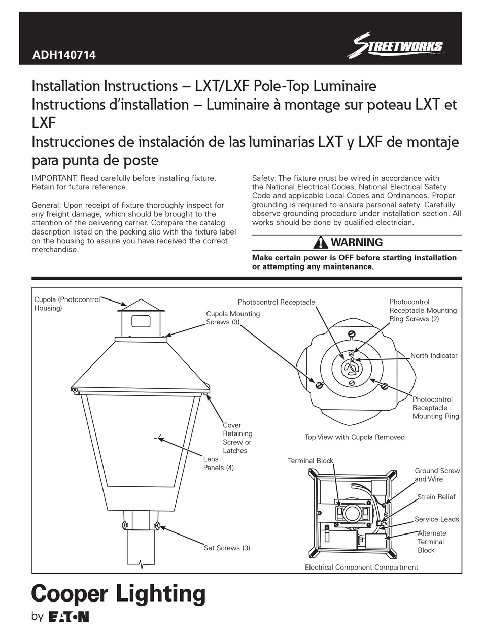 EATON COOPER LIGHTING STREETWORKS LXT INSTALLATION INSTRUCTIONS MANUAL