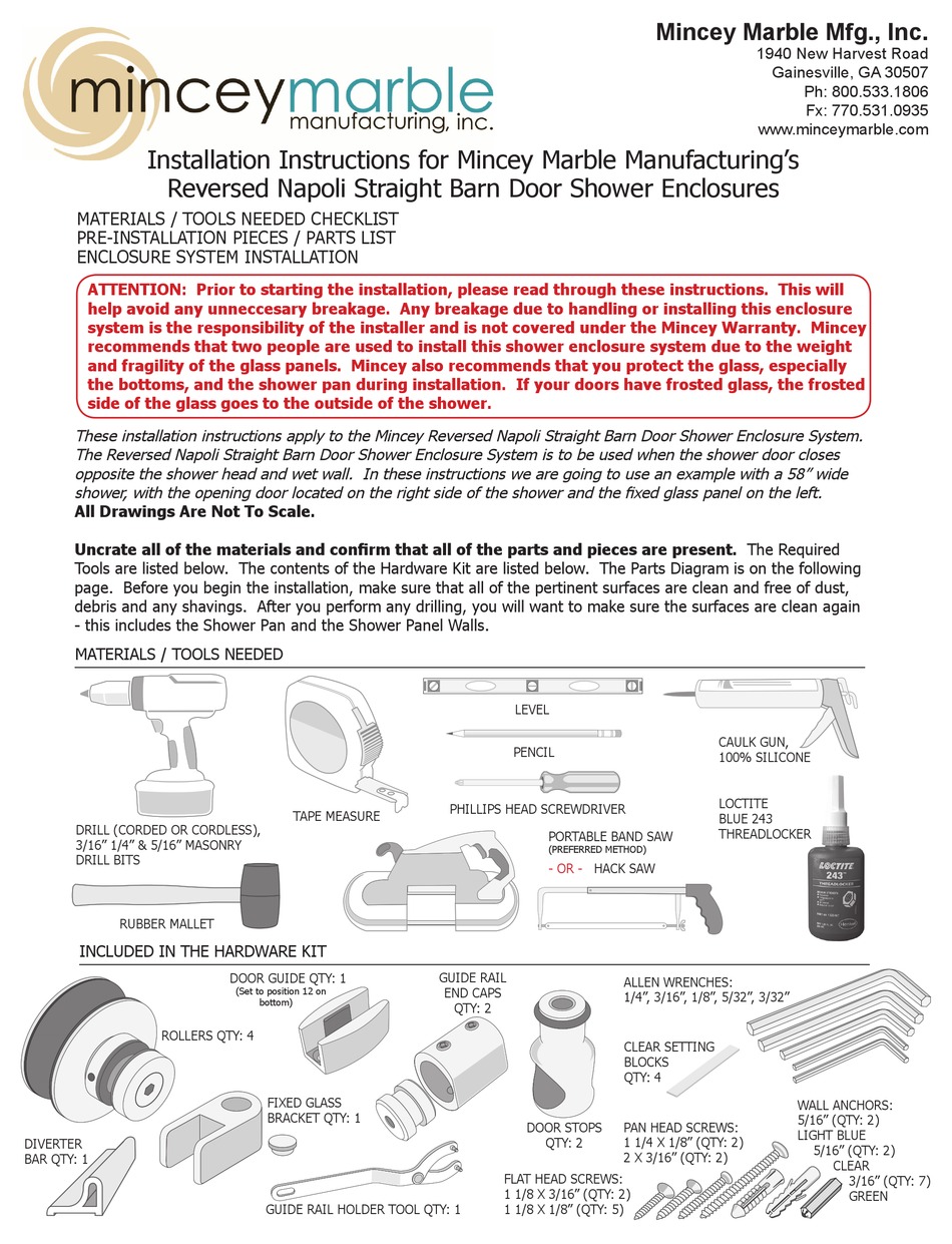 MINCEY MARBLE NAPOLI SERIES INSTALLATION INSTRUCTIONS MANUAL Pdf