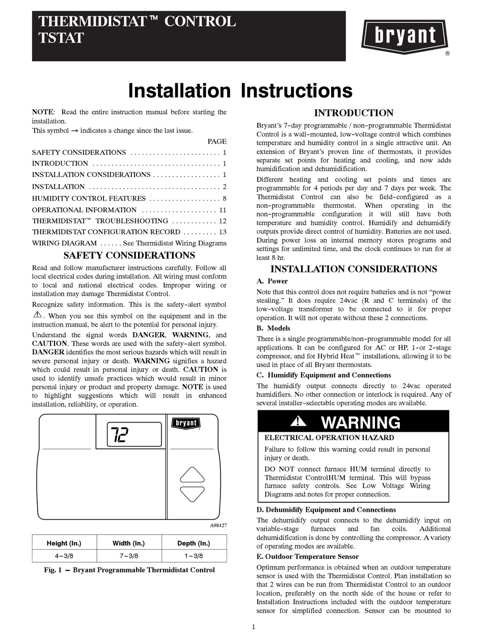 BRYANT THERMIDISTAT TSTAT INSTALLATION INSTRUCTIONS MANUAL Pdf Download ...