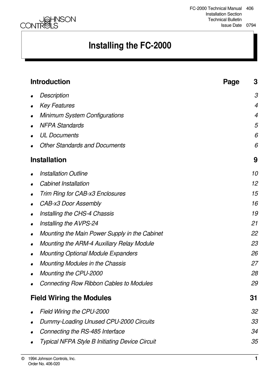 JOHNSON CONTROLS FC2000 INSTALLING INSTRUCTION Pdf Download ManualsLib