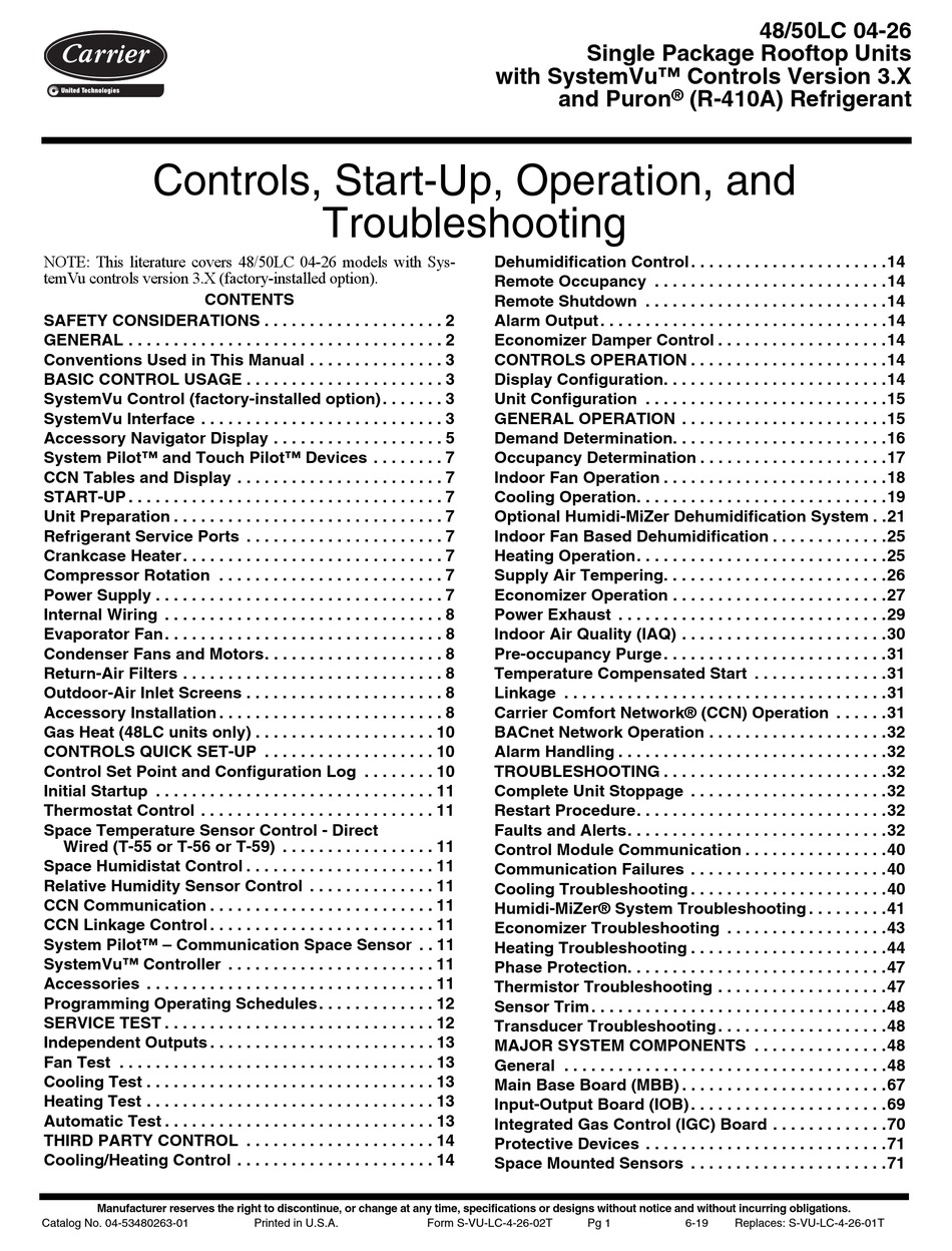 CARRIER 48LC SERIES CONTROLS, STARTUP, OPERATION AND TROUBLESHOOTING
