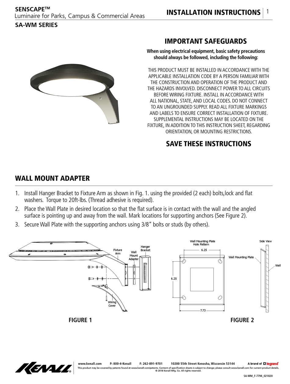 Legrand Kenall Senscape Sa-wm Series Installation Instructions Pdf 