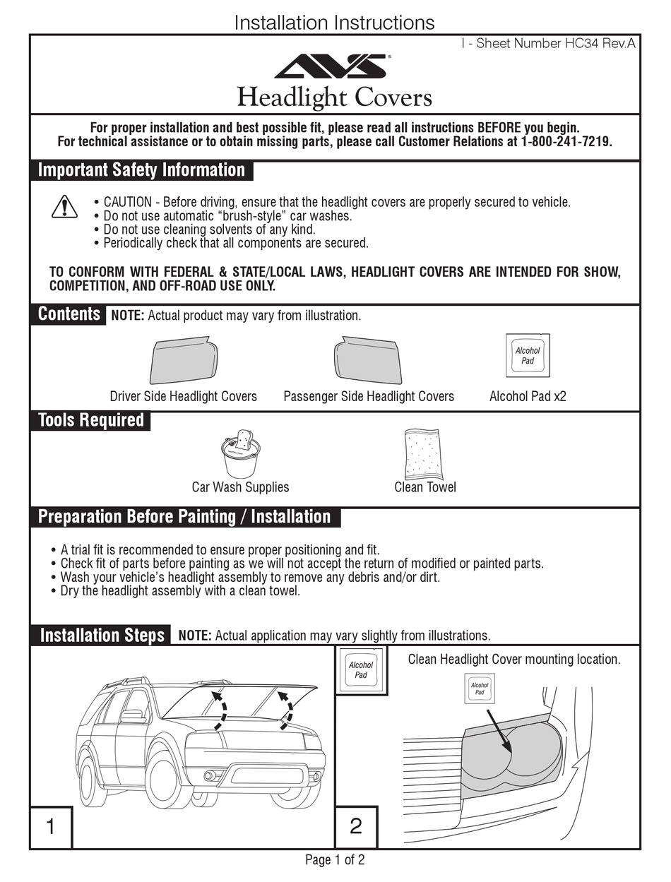 AVS HEADLIGHT COVERS INSTALLATION INSTRUCTIONS MANUAL Pdf Download