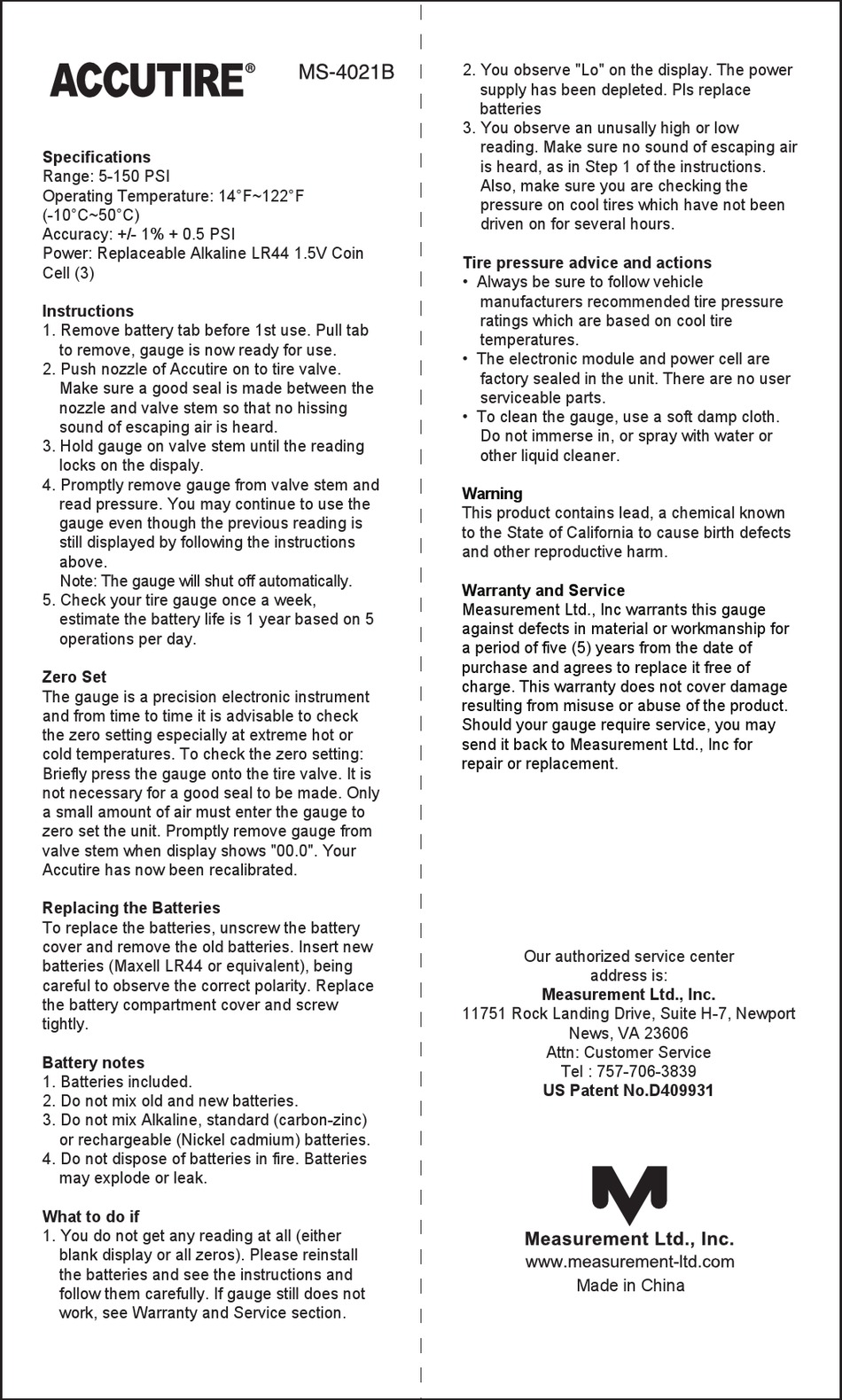 Measurement Puting Accutire Ms 4021b Quick Start Manual Pdf Download Manualslib