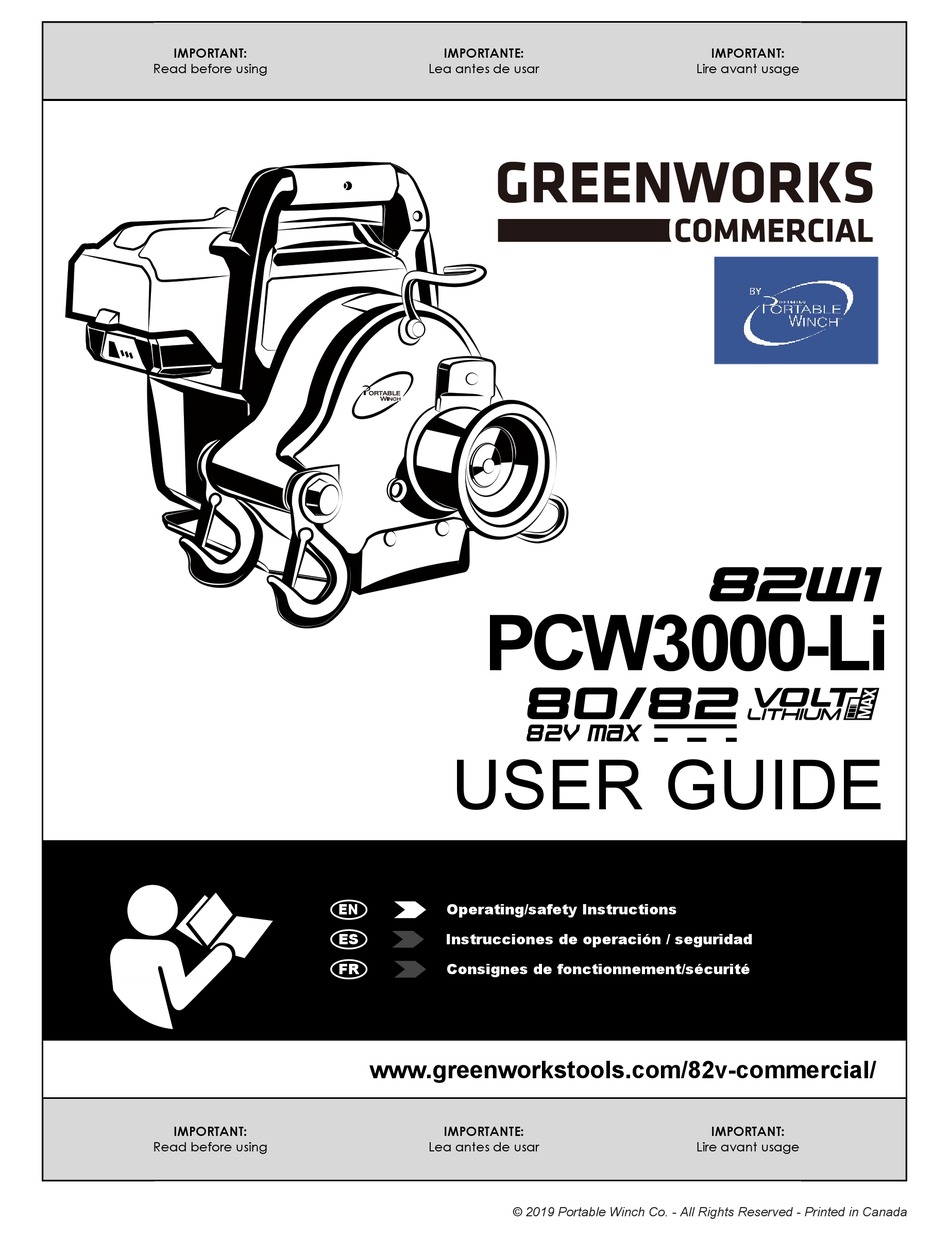 PORTABLE WINCH GREENWORKS COMMERCIAL 82W1 PCW3000LI USER MANUAL Pdf