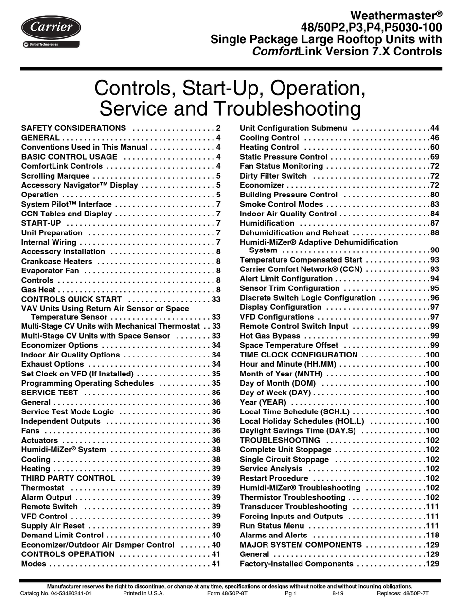 carrier-weathermaster-48p2030-100-controls-start-up-operation