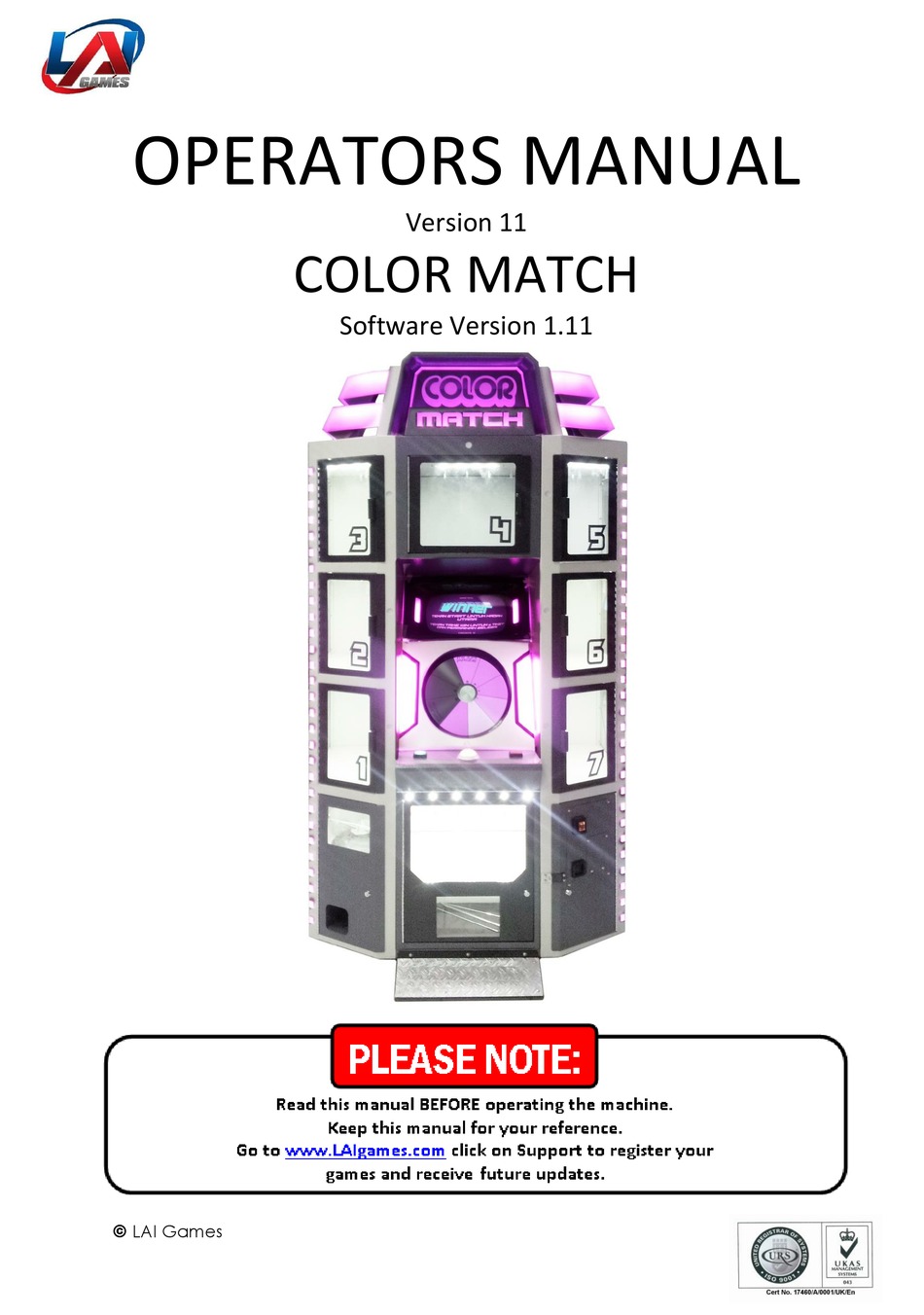 LAI GAMES COLOR MATCH OPERATOR'S MANUAL Pdf Download ManualsLib