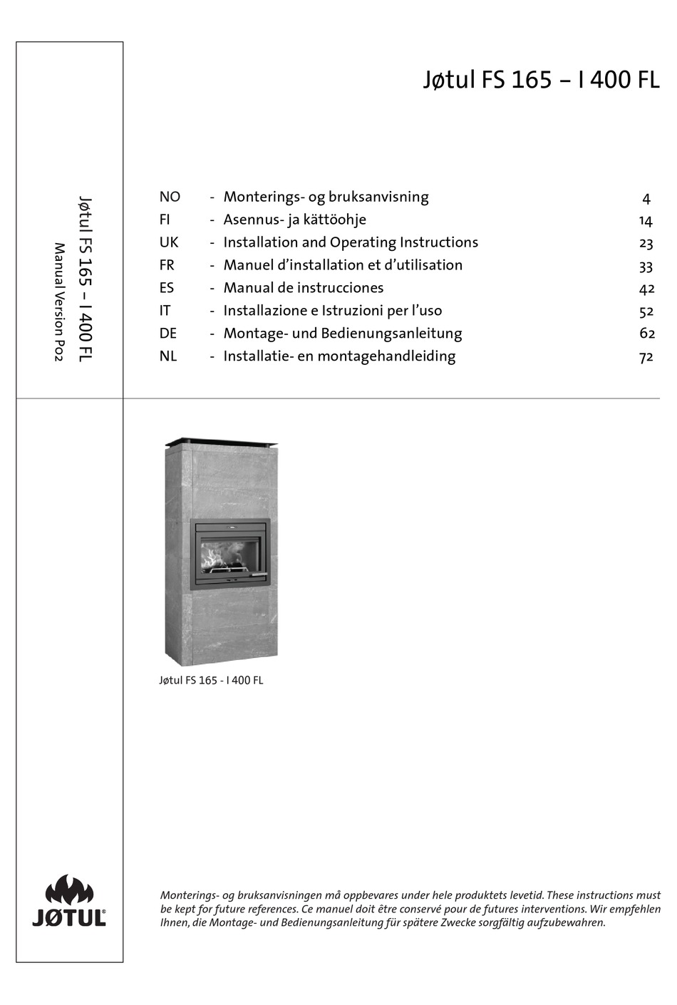 JØtul Fs 165 I 400 Fl Installation And Operating Instructions Manual