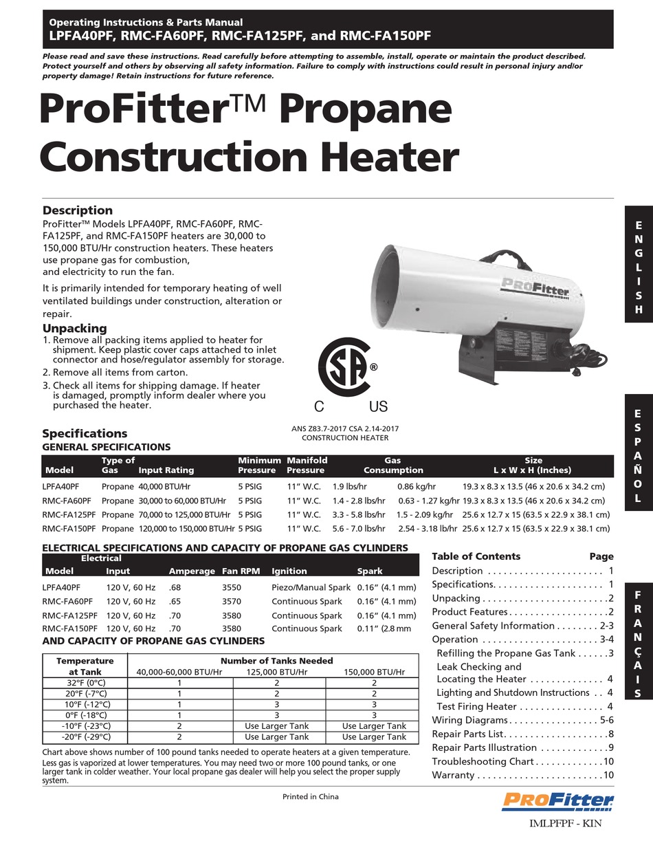 PROFITTER LPFA40PF OPERATING INSTRUCTIONS u0026 PARTS MANUAL Pdf Download |  ManualsLib