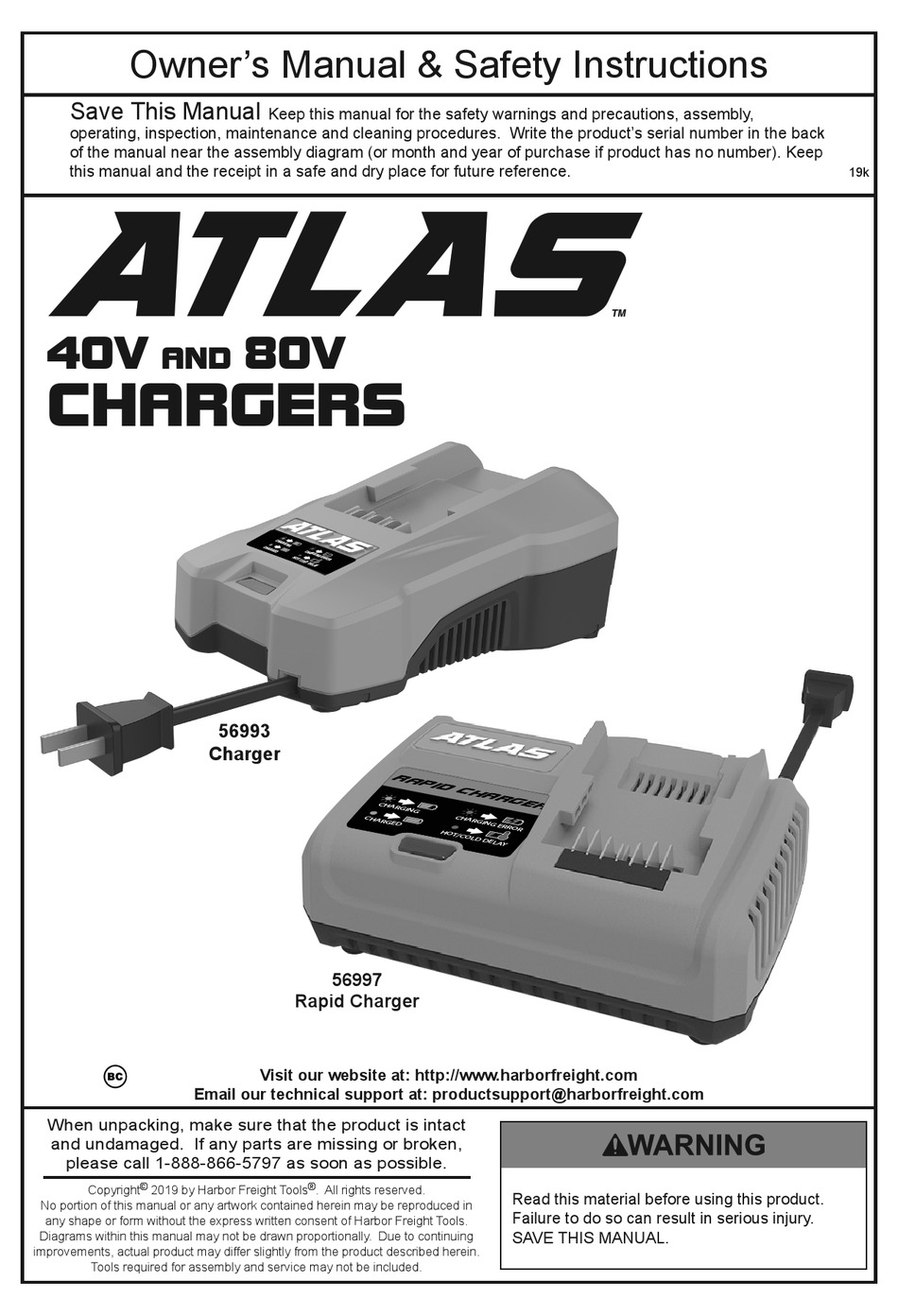 HARBOR FREIGHT TOOLS ATLAS 56993 OWNER'S MANUAL & SAFETY INSTRUCTIONS