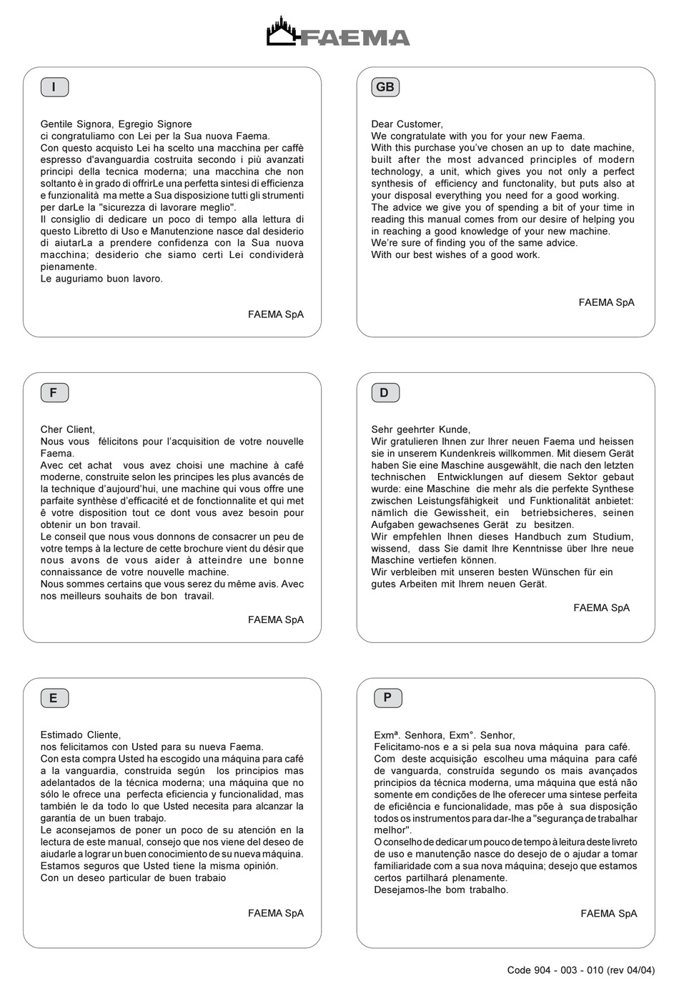 FAEMA DUE/A MANUAL Pdf Download ManualsLib