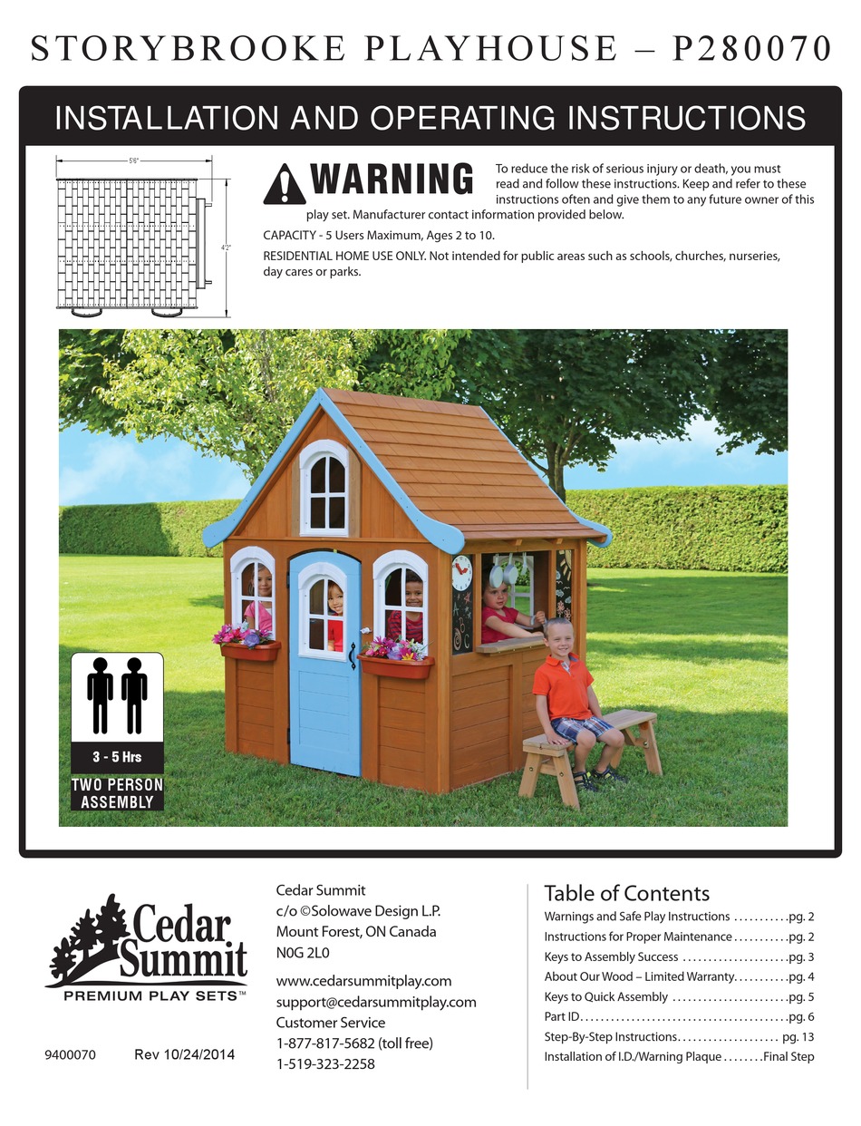 CEDAR SUMMIT STORYBROOKE PLAYHOUSE P280070 INSTALLATION AND OPERATING