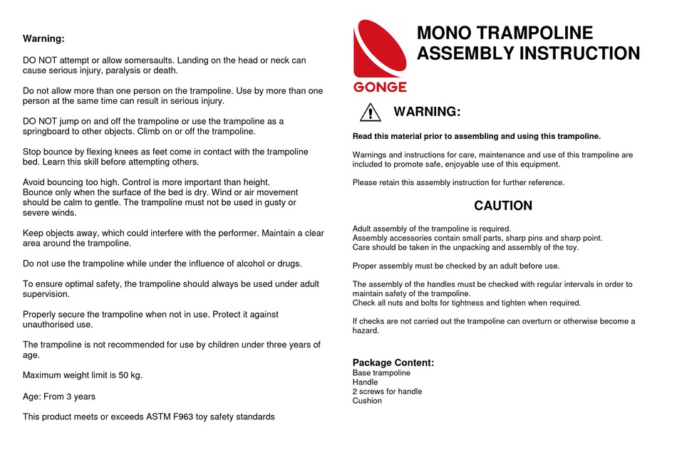 GONGE MONO TRAMPOLINE ASSEMBLY INSTRUCTION Pdf Download ManualsLib