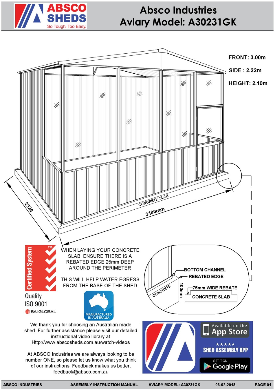 ABSCO SHEDS A30231GK ASSEMBLY & INSTRUCTION MANUAL Pdf Download